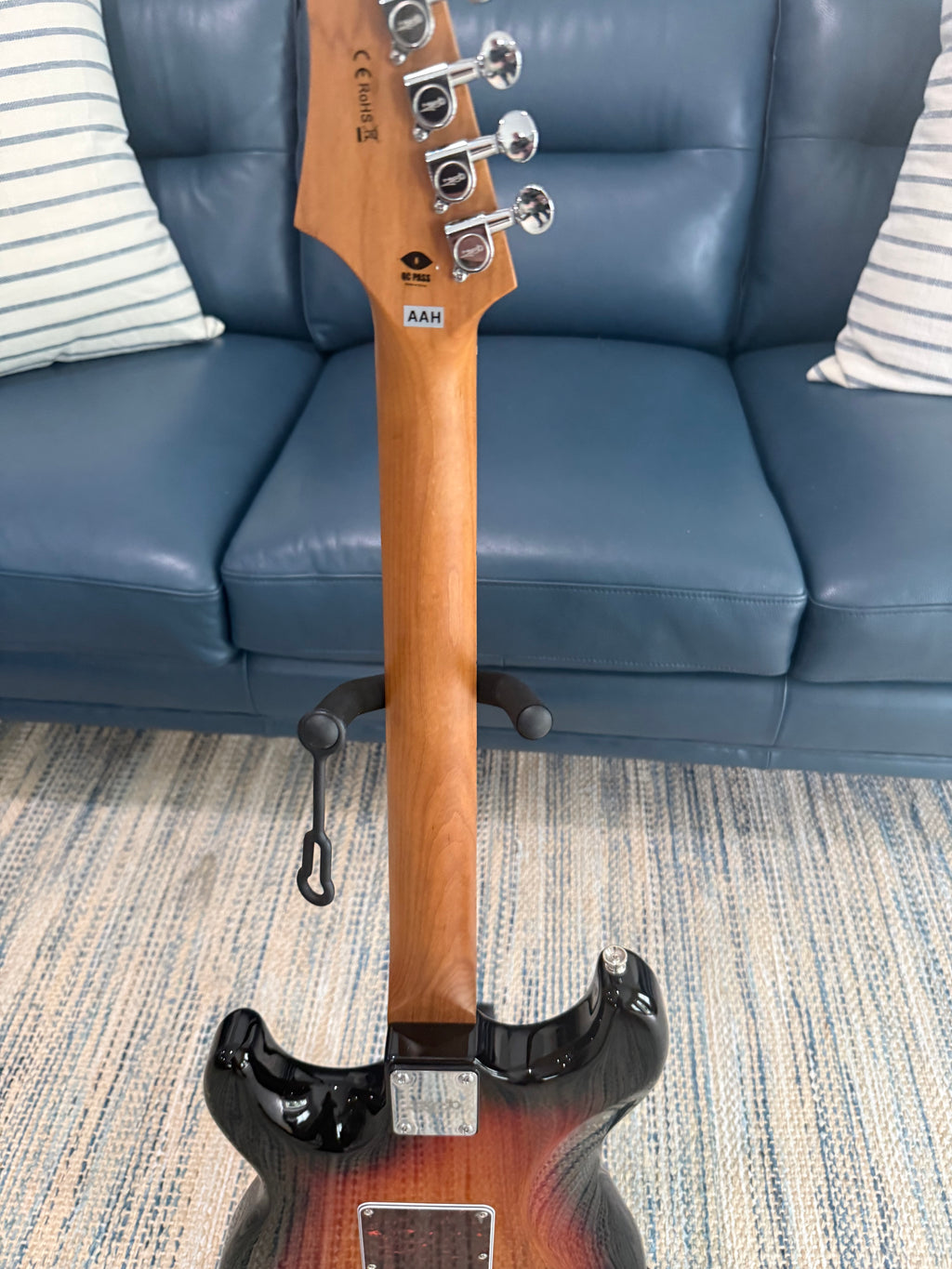 Close-up of a JET JS-300 SB electric guitar by Palm Harbor Music, showcasing its sleek body and detailed hardware.