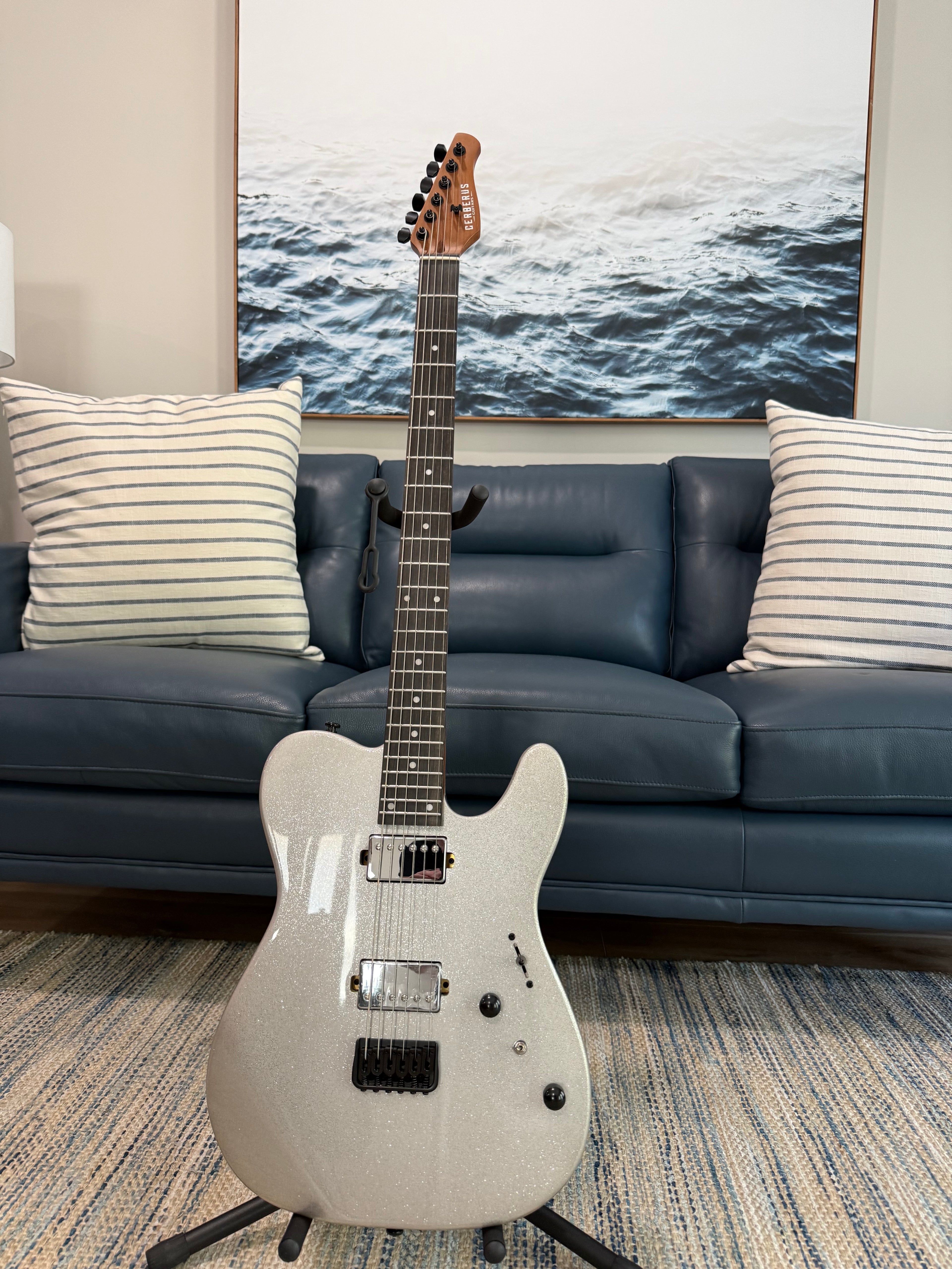 Cerberus Hermes 6HT baritone guitar with granite sparkle finish, showcasing the sleek body and detailed craftsmanship.