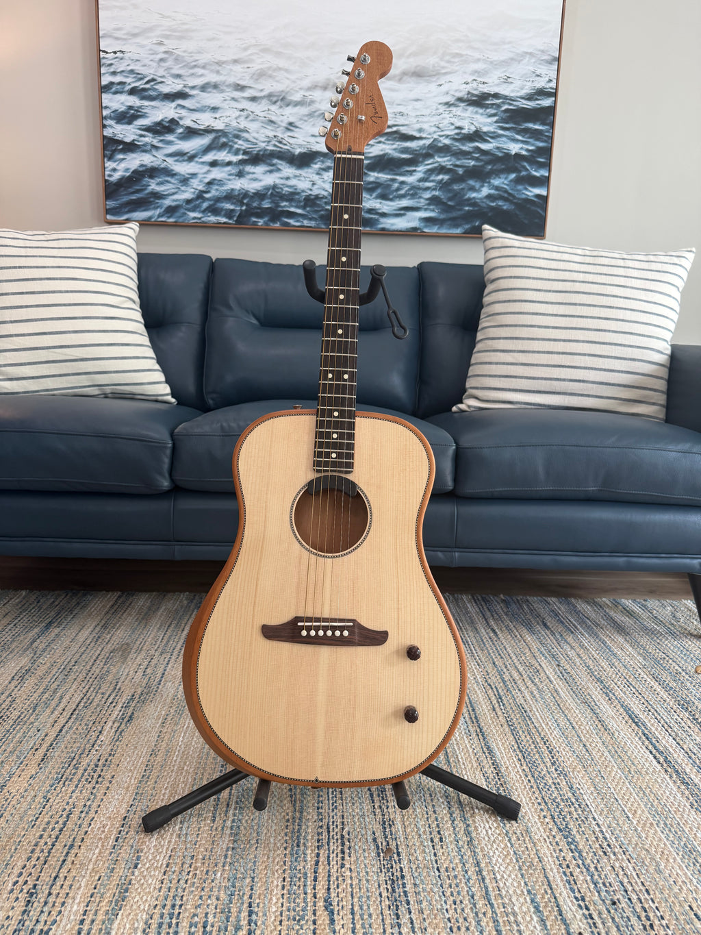 Used Fender Highway Series dreadnought acoustic electric guitar with a natural finish, showing the front and detailed wood grain.