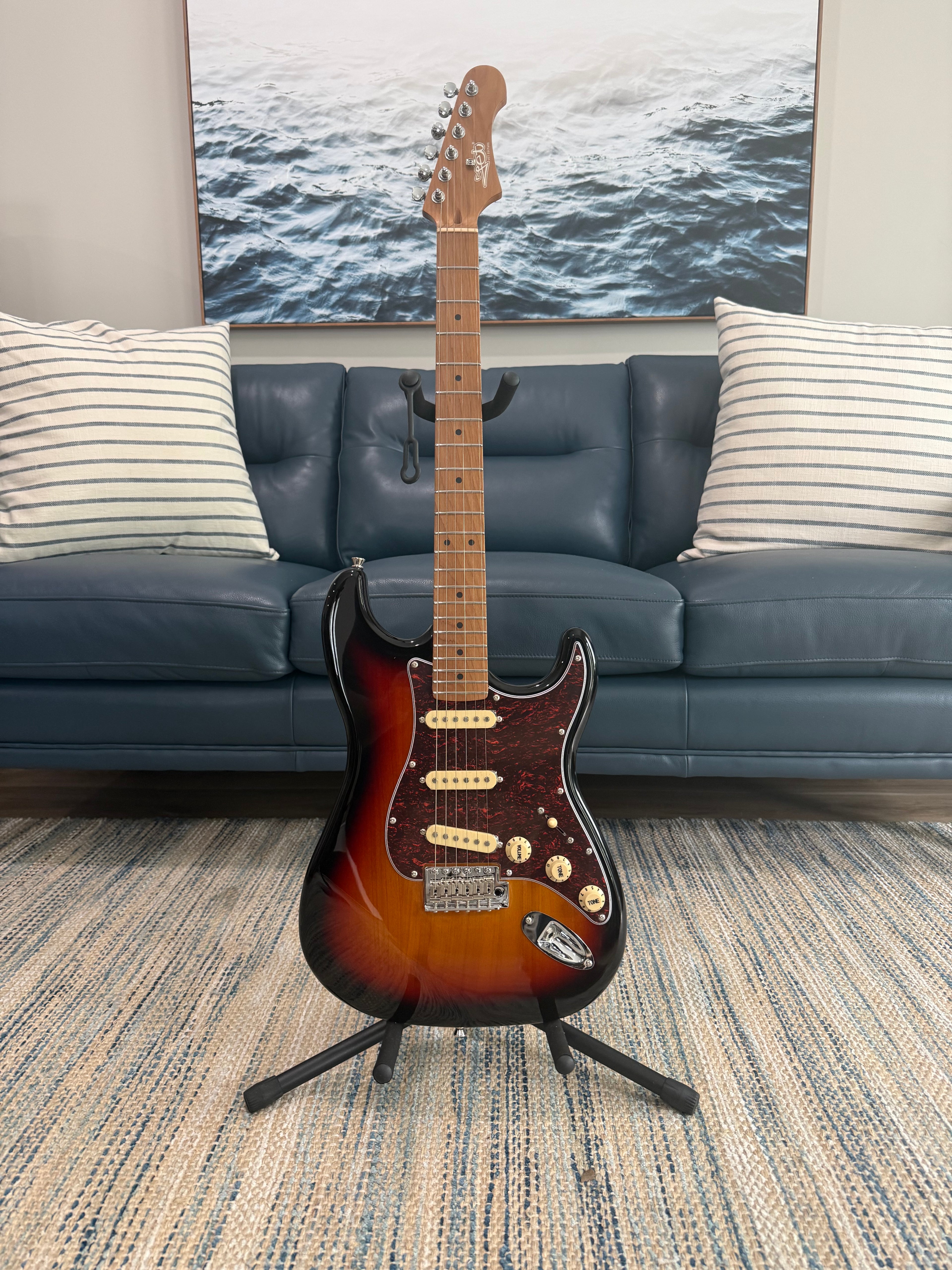 Palm Harbor Music JET JS-300 SB electric guitar with sunburst finish and chrome hardware, shown from a front view.