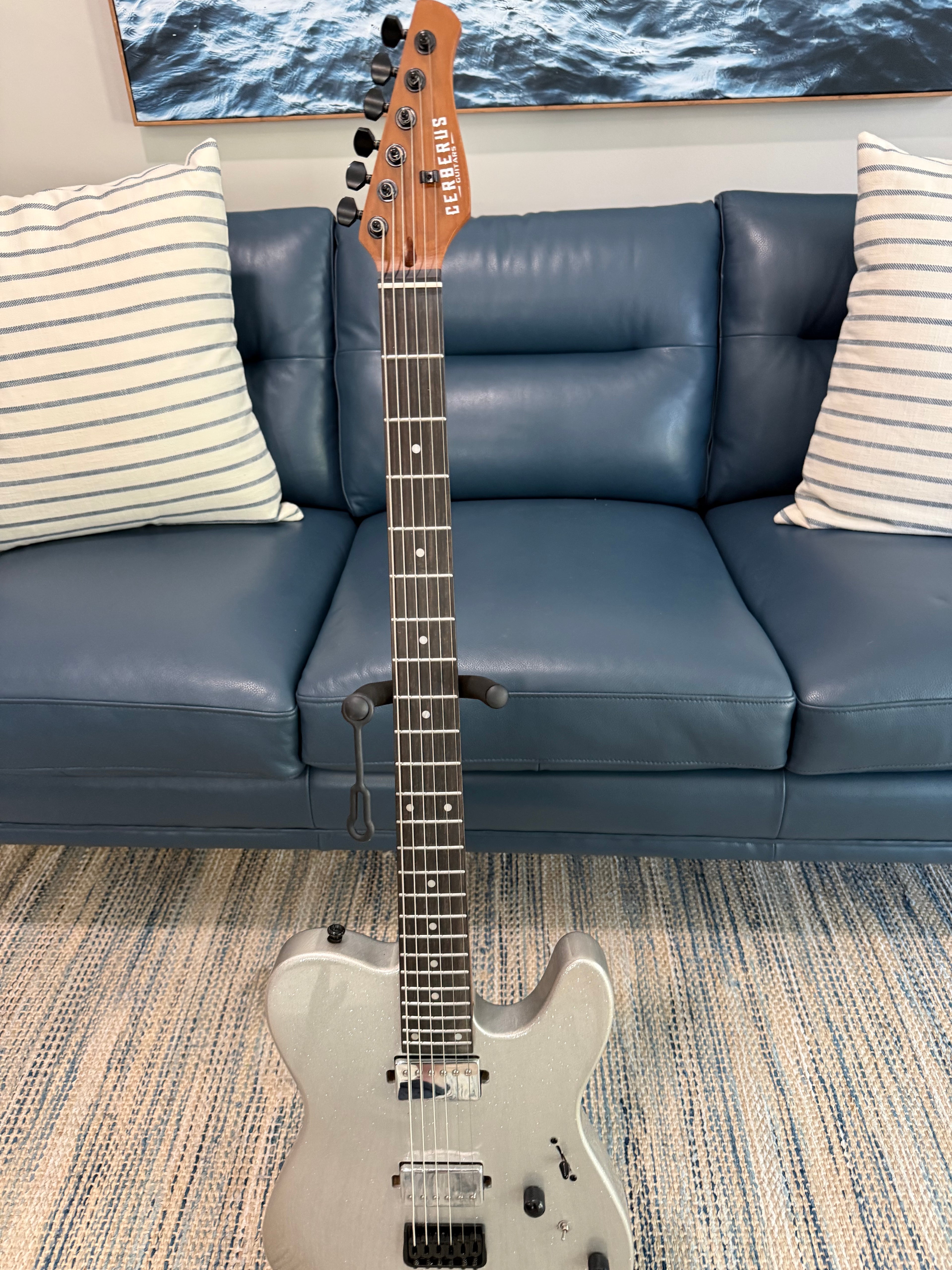 Cerberus Hermes 6HT Baritone guitar with granite sparkle finish, showcasing the body, neck, and headstock details.