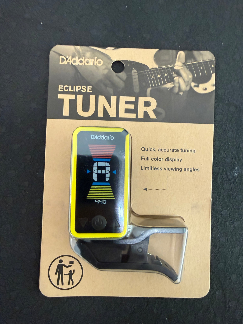 D'Addario Eclipse Headstock Tuner attached to guitar headstock showing tuning display and tuning pegs.