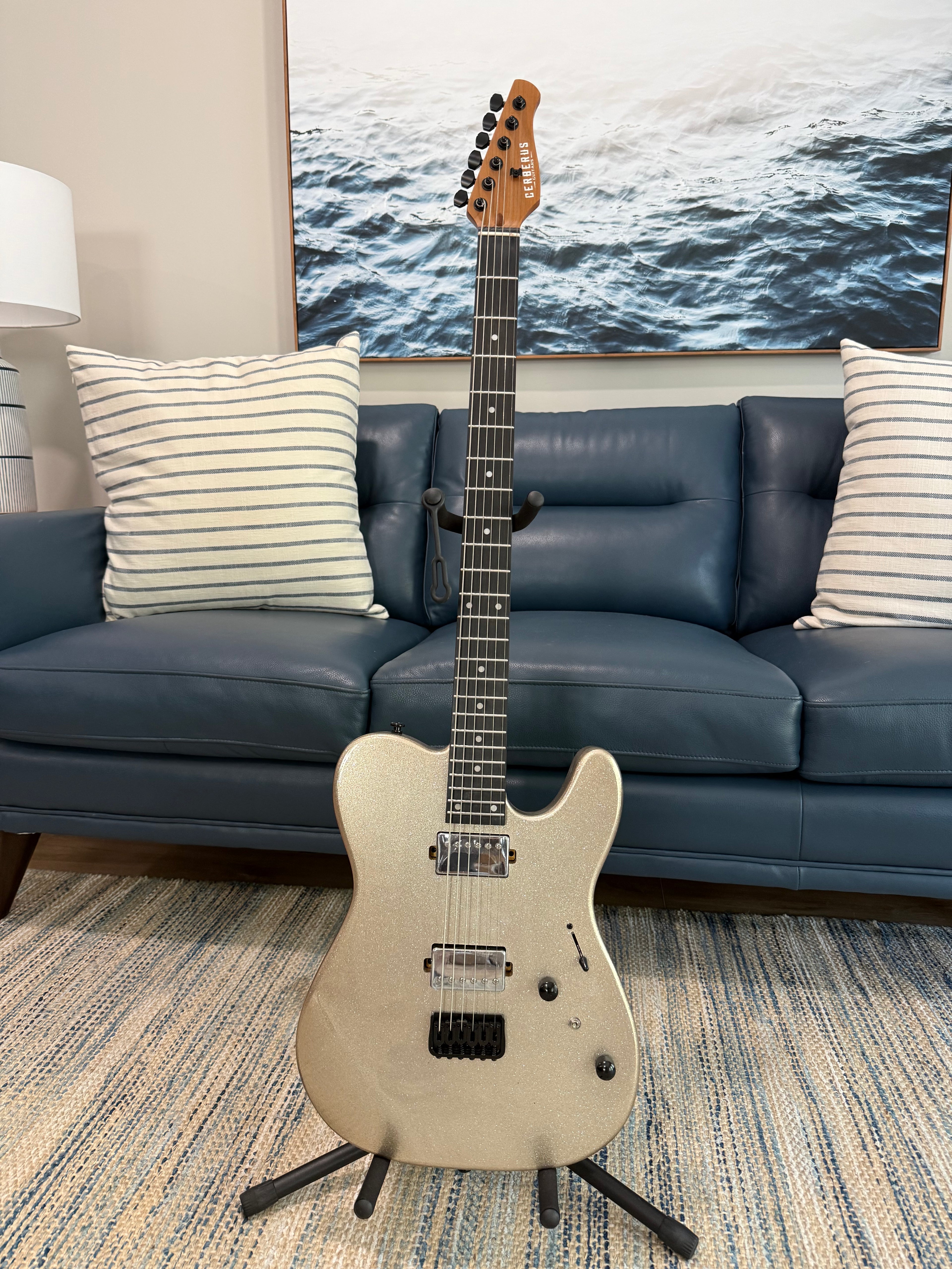 Cerberus Hermes 6HT Baritone in White Sparkle, new musical instrument with shiny, textured surface and detailed craftsmanship.