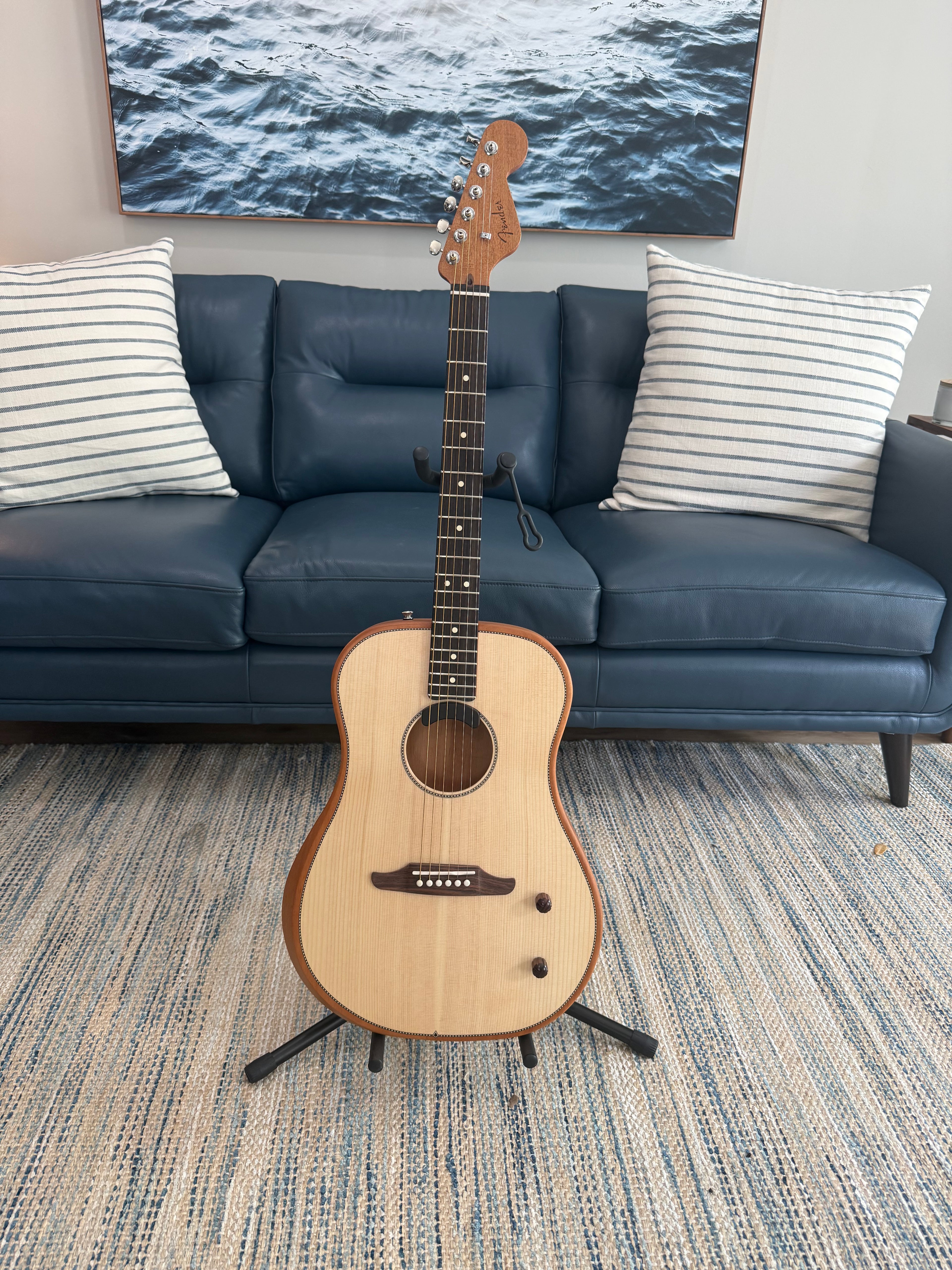 Used Fender Highway Series dreadnought acoustic electric guitar with mint condition finish, featuring natural wood body and built-in electronics.