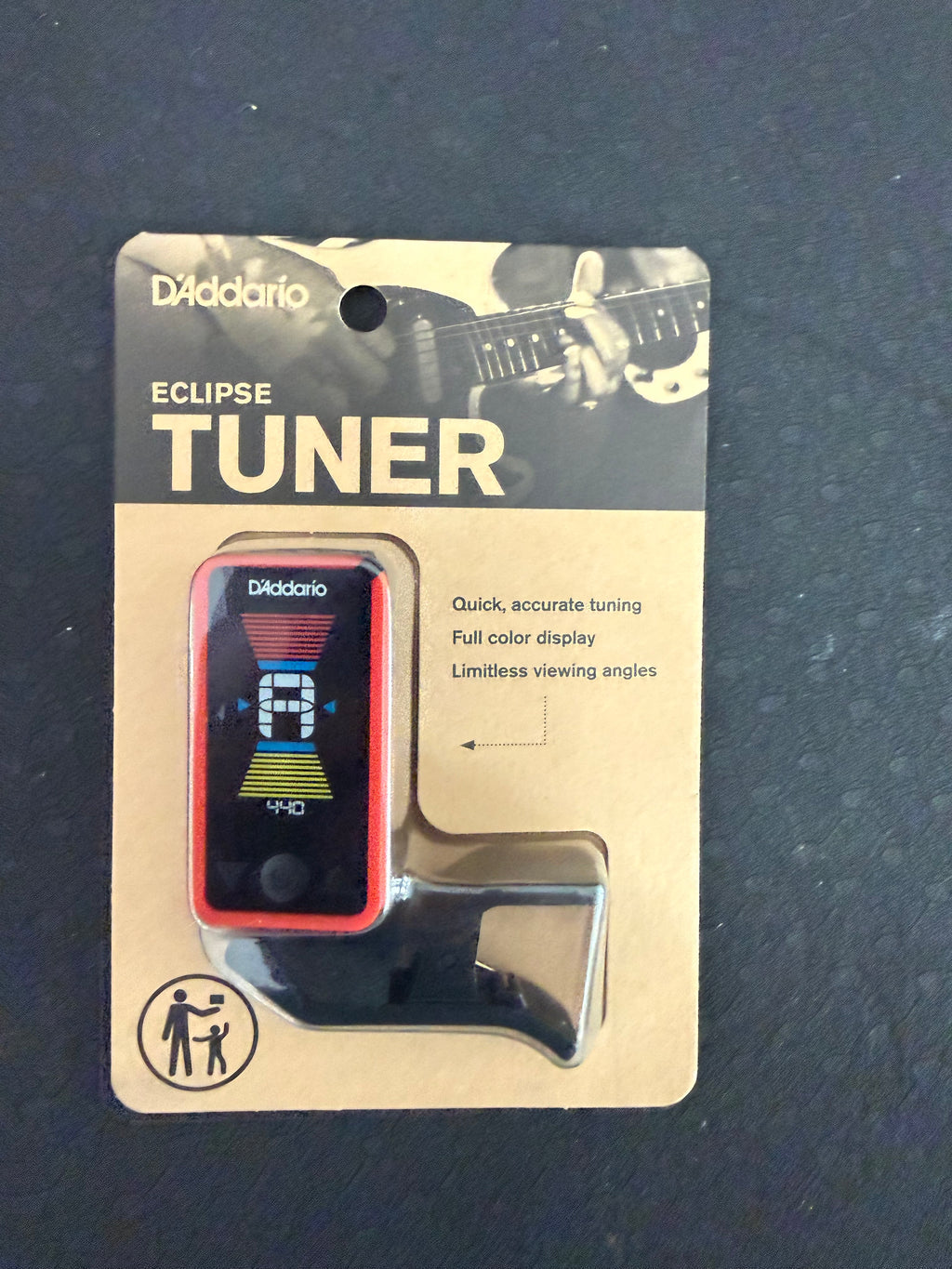 D'Addario Eclipse Headstock Tuner by Palm Harbor Music showing a compact guitar tuning device attached to a headstock