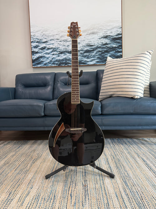 Electric guitar 2017 ESP LTD TL-6 with black finish and rosewood fretboard, shown with gig bag.