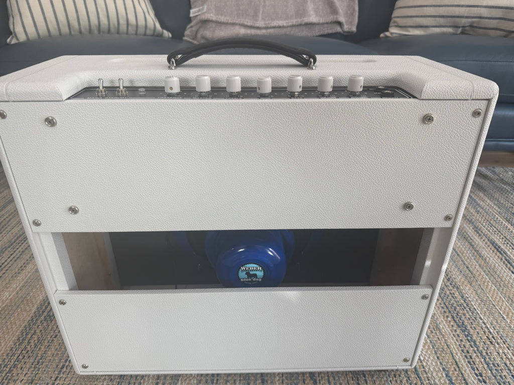 White Sand 45 Amp by Palm Harbor Music, showcasing a sleek design with knobs and inputs visible on a light background.
