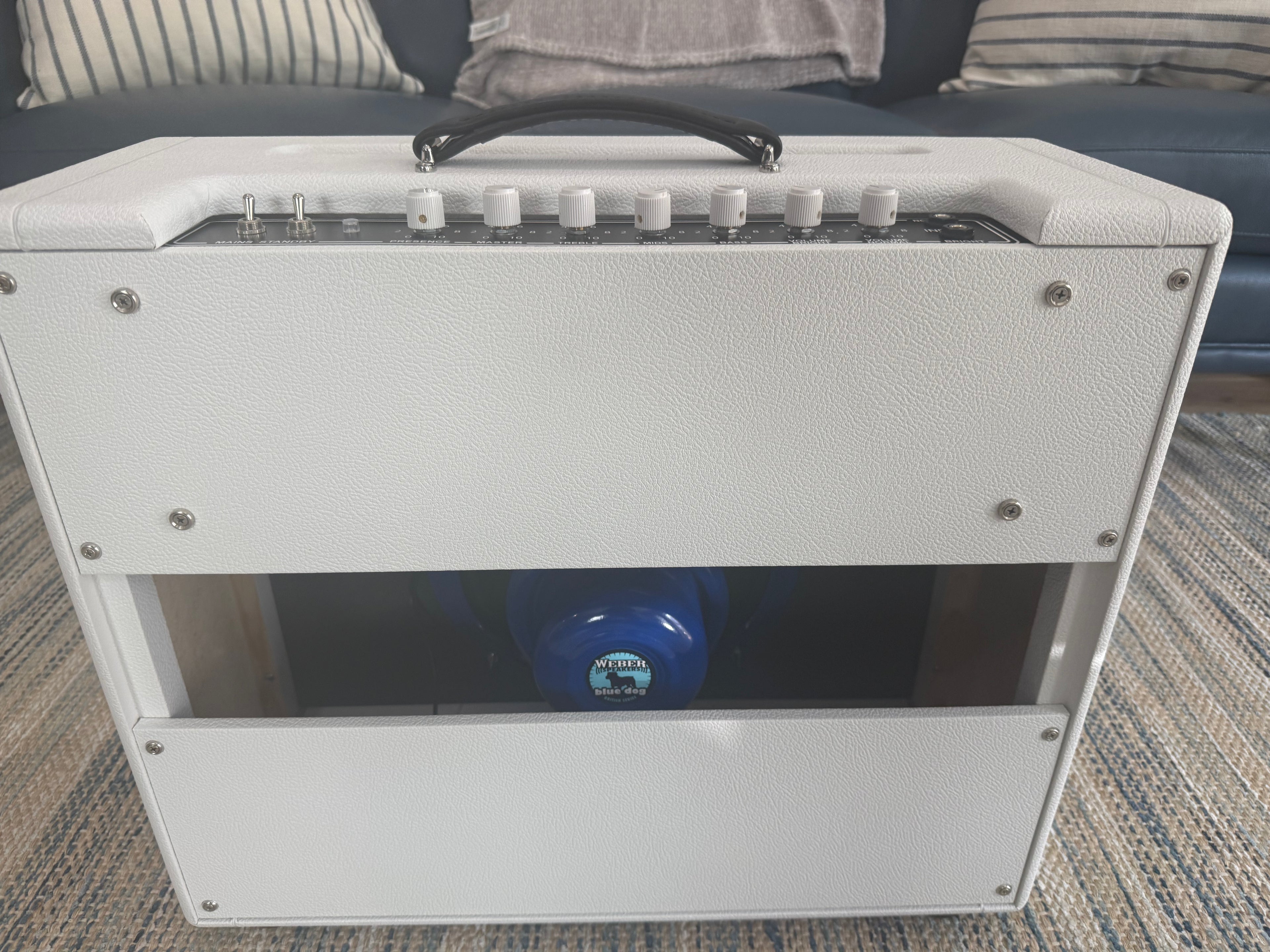 White Sand 45 Amp by Palm Harbor Music, showcasing a sleek design with knobs and inputs visible on a light background.