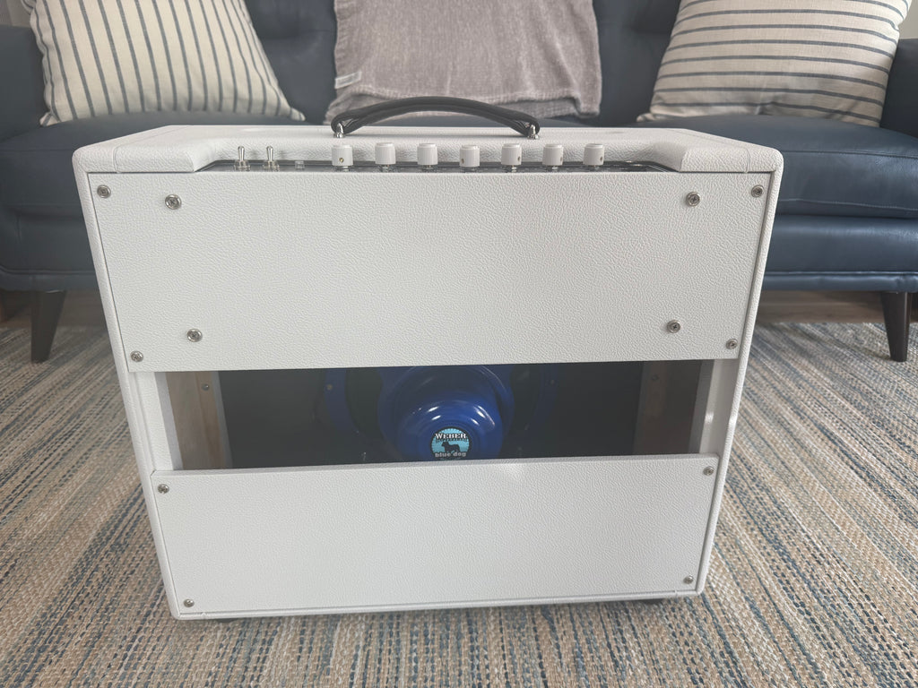 White Sand 45 Amp by Palm Harbor Music featuring a sleek design and vibrant white finish.