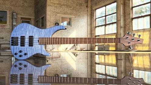 Cerberus Colossus Bass IV in blue with sleek body and four strings, showcasing a modern electric bass guitar design.