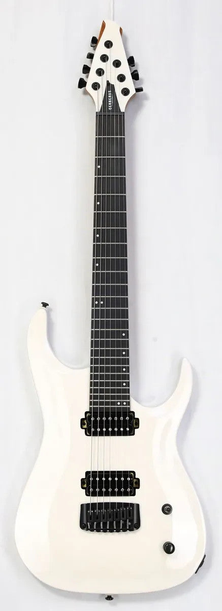 Cerberus Atlas 7 String guitar in Olympian White, featuring sleek design and seven-string configuration.