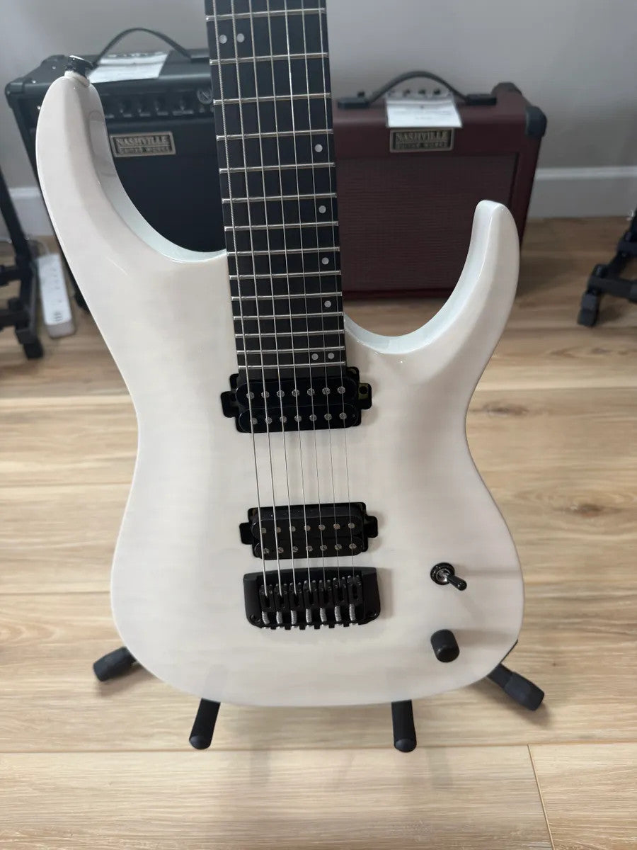 Cerberus Guitars Atlas 7 String in Olympian White with sleek body and seven-string configuration.