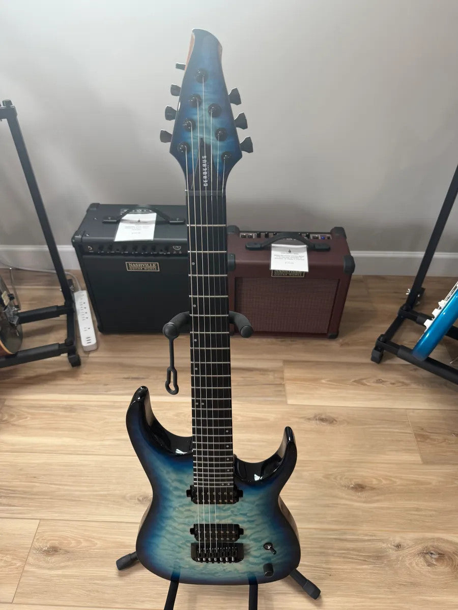 Cerberus Guitars Atlas 7 String in Titan Frost with sleek design and modern hardware showcased against a neutral background.