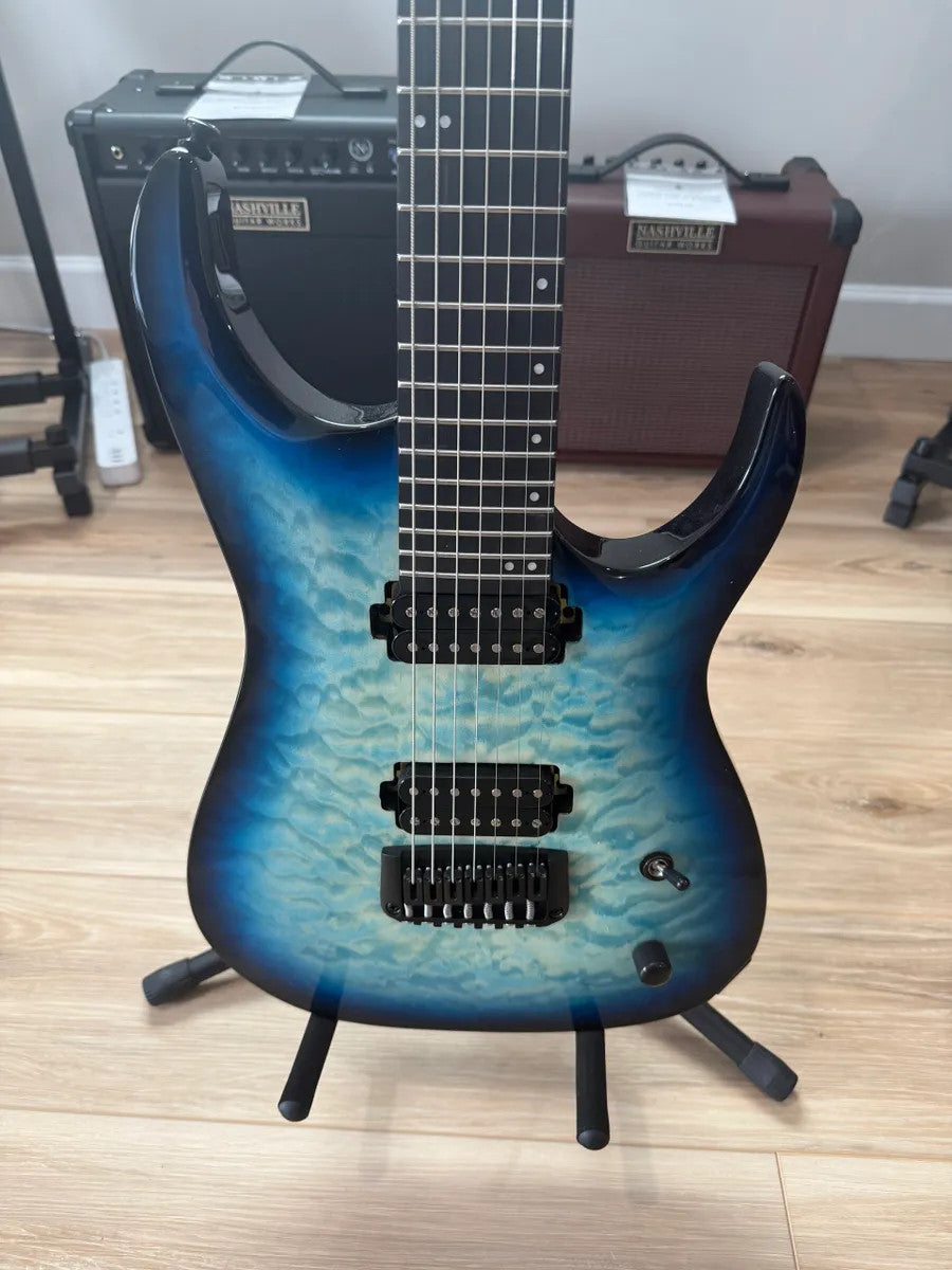 Cerberus Atlas 7 String guitar in Titan Frost finish showcasing sleek design and detailed craftsmanship.