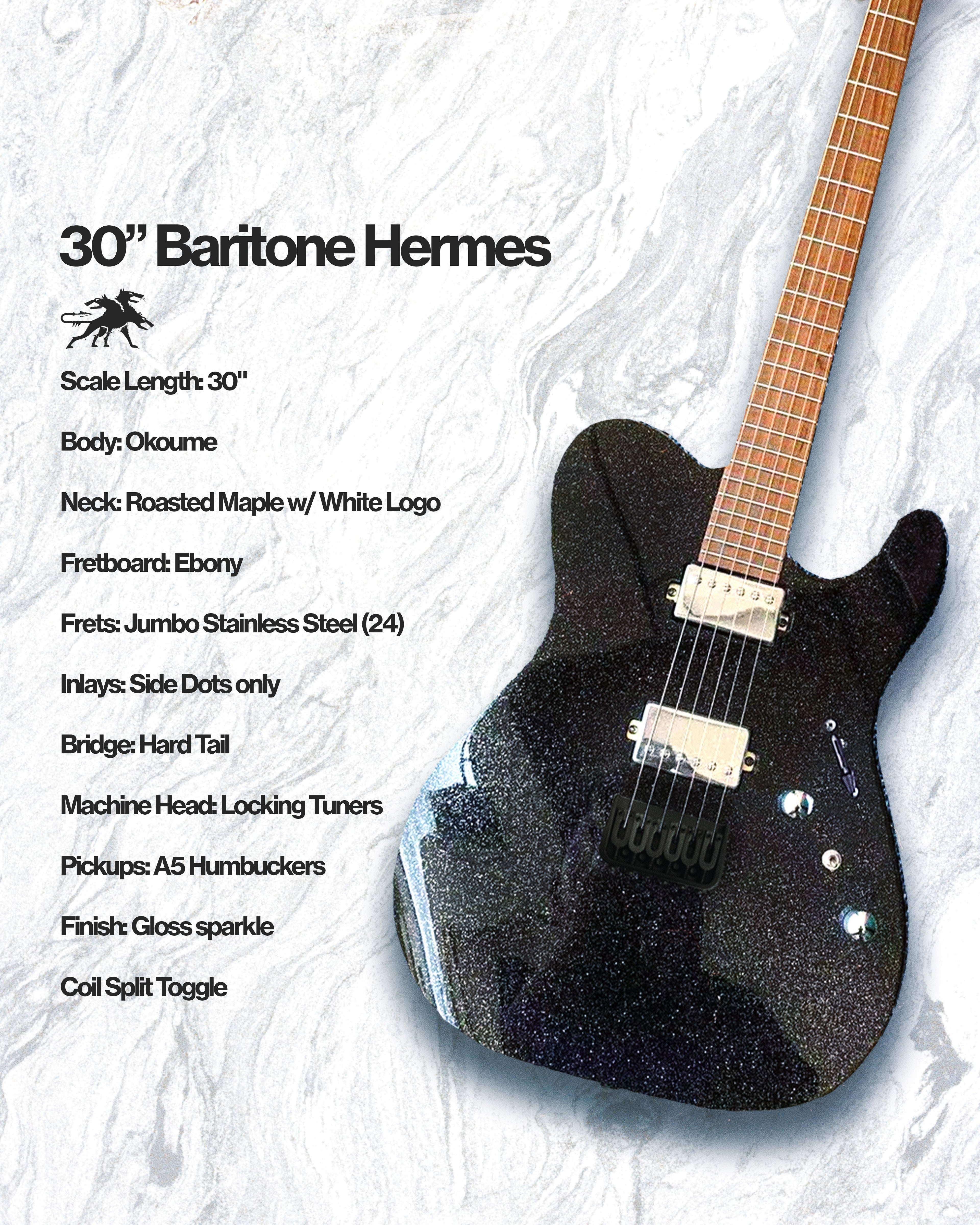 Cerberus Hermes 6HT Baritone in black sparkle finish, showcasing its sleek design and elegant craftsmanship.