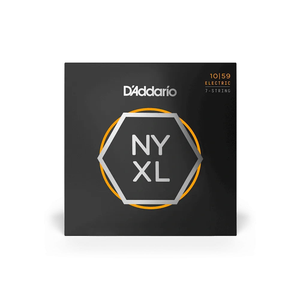 D'Addario NYXL1059 electric guitar strings set, 10-59 gauge, designed for 7-string guitars, displayed in packaging.