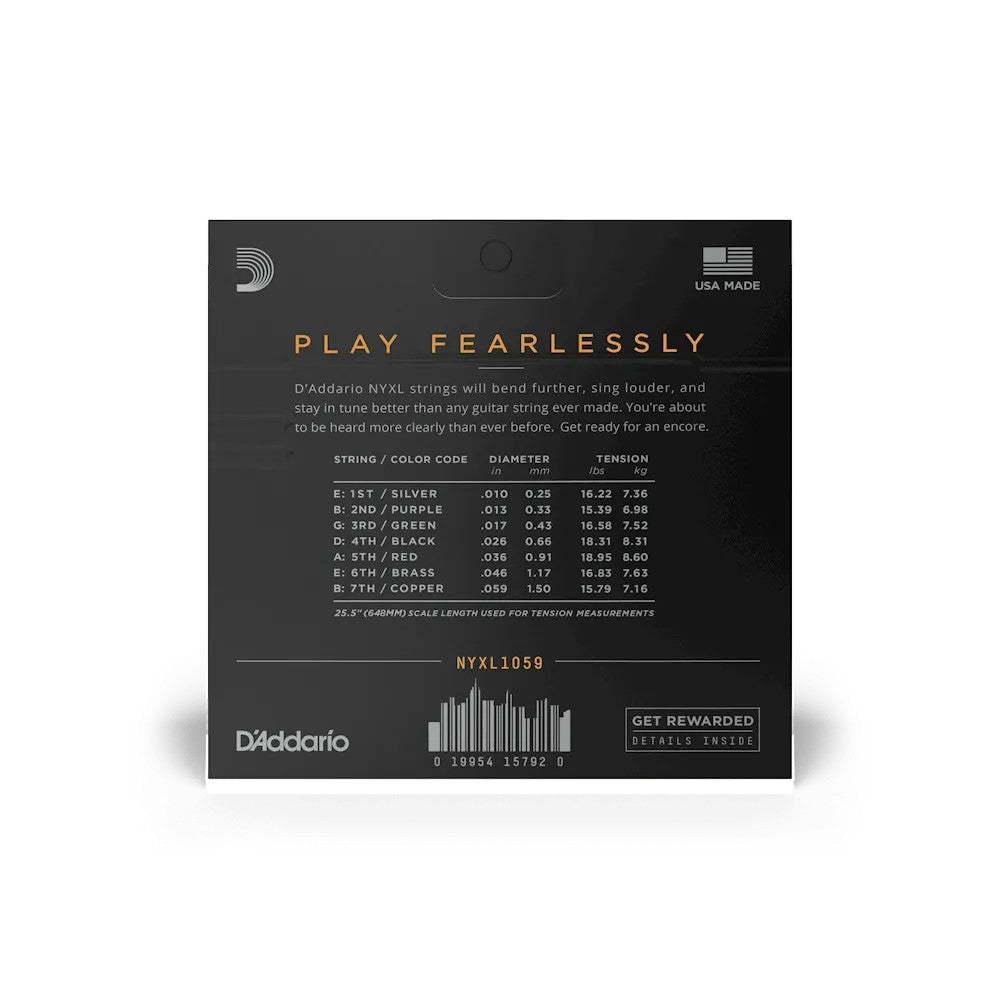 D'Addario NYXL1059 electric guitar strings set, 10-59 gauge, for 7-string guitars, featuring a sleek packaging design.