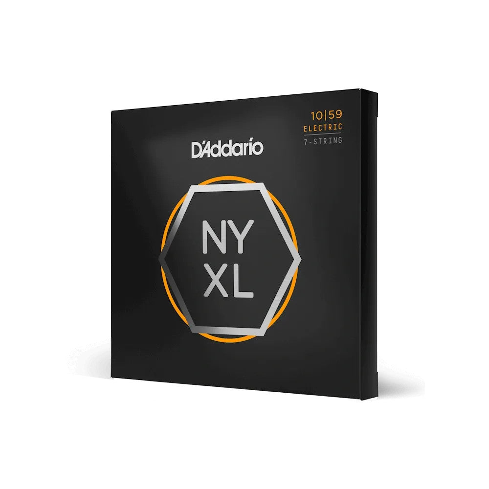 D'Addario NYXL1059 electric guitar strings set, 10-59 gauge, designed for 7-string guitars, showcasing packaging and strings.