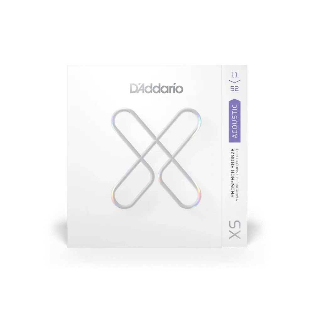 D'Addario XSAPB1152 Phosphor Bronze Acoustic Guitar Strings set, showcasing a pack with vibrant packaging and string gauge details.