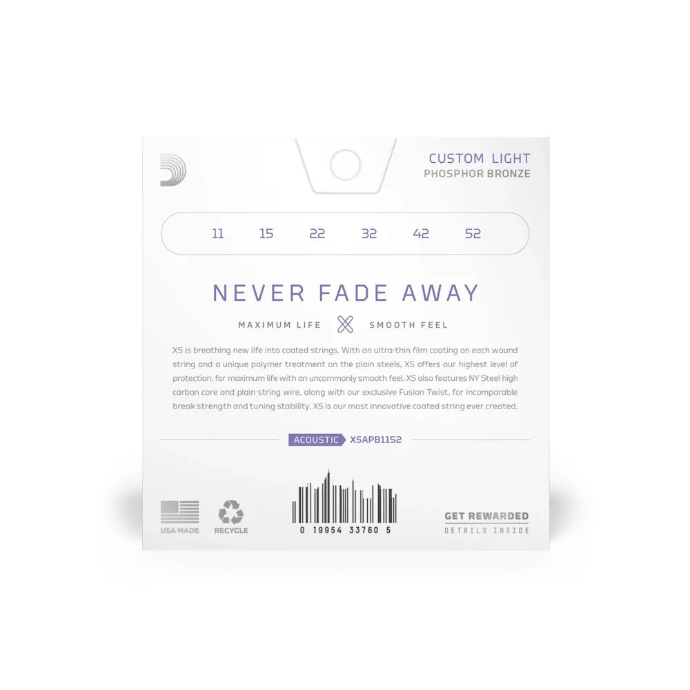 D'Addario XSAPB1152 Phosphor Bronze Coated Acoustic Guitar Strings set, showcasing strings in a protective packaging.