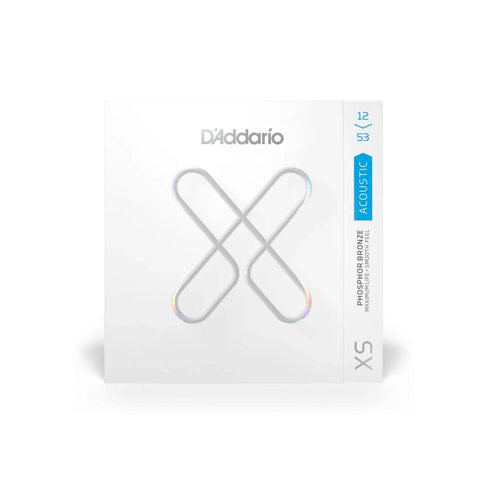 D'Addario XSAPB1253 Light Phosphor Bronze Coated Acoustic Guitar Strings set in packaging on a wooden surface.