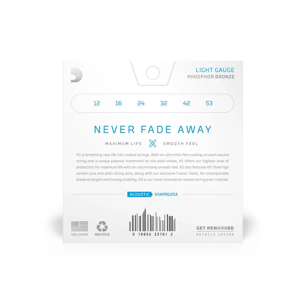 D'Addario XSAPB1253 Phosphor Bronze Coated Acoustic Guitar Strings set, featuring light gauge 12-53 for enhanced sound quality.