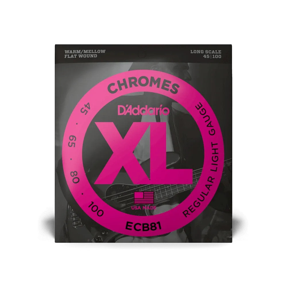 D'Addario ECB81 XL Chromes bass strings 45-100, regular light gauge for long scale bass guitars.