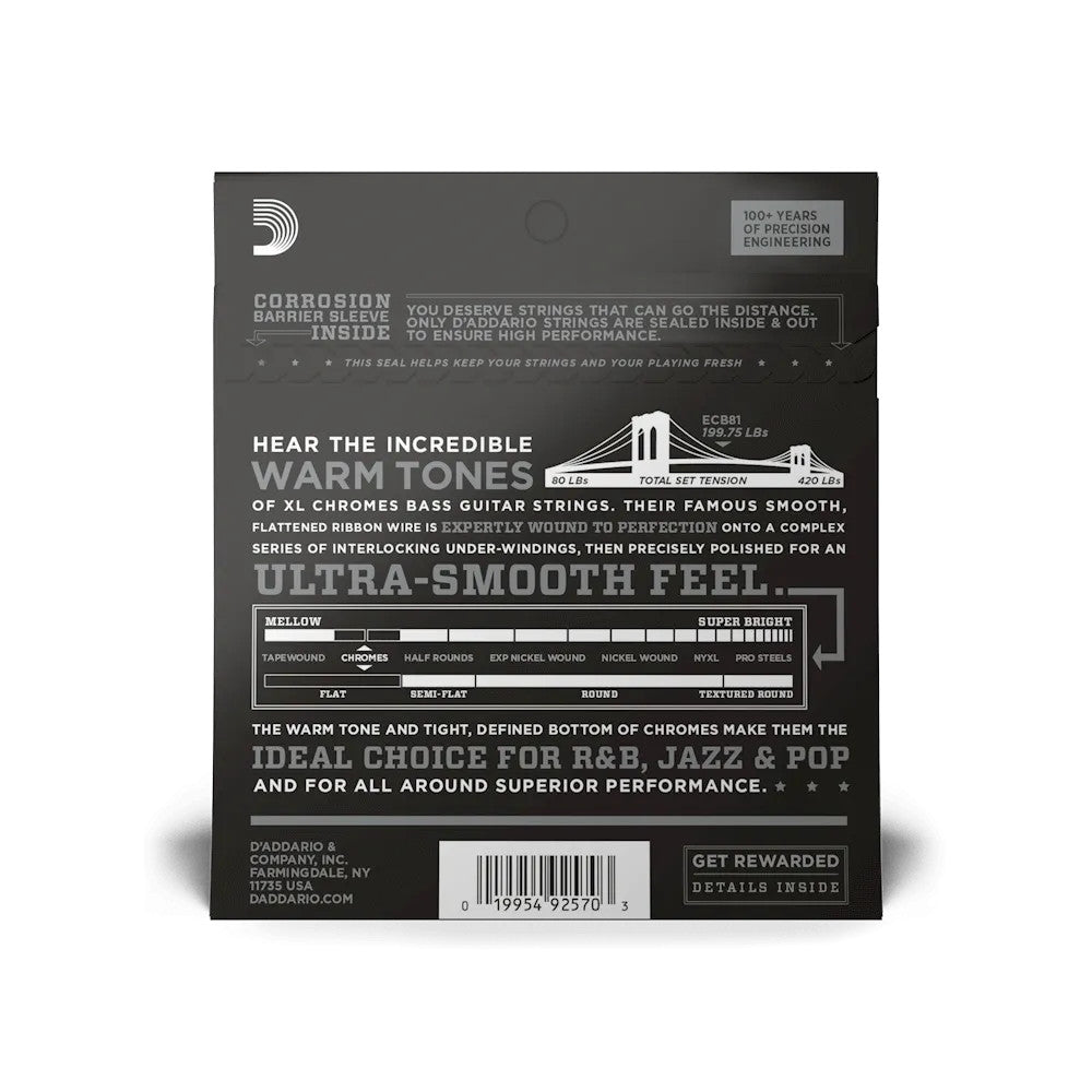 D'Addario ECB81 XL Chromes bass strings set, 45-100 gauge, regular light, long scale, with sleek packaging.