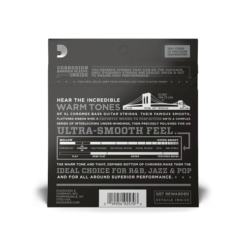 D'Addario ECB81 XL Chromes bass strings set, 45-100 gauge, regular light, long scale, with sleek packaging.