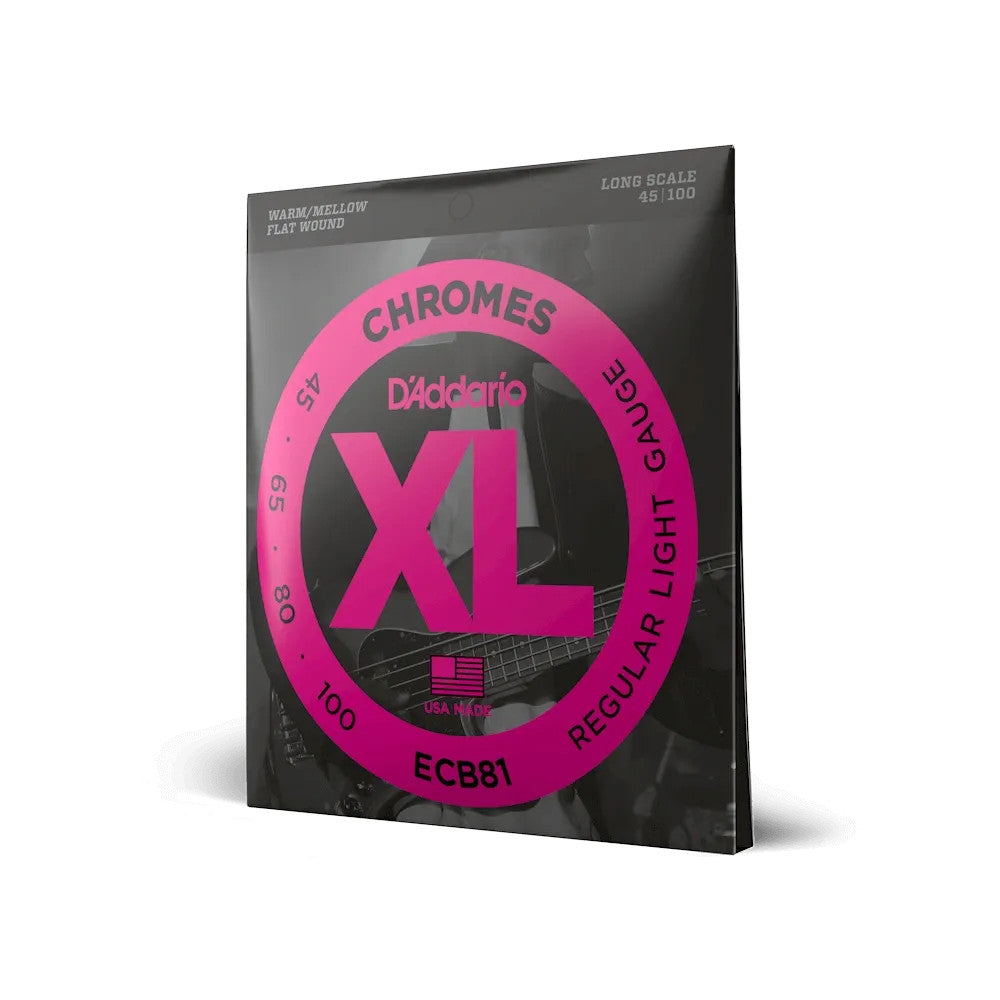D'Addario ECB81 XL Chromes Bass Strings set, 45-100 gauge, displayed in packaging with clear labeling and vibrant colors.