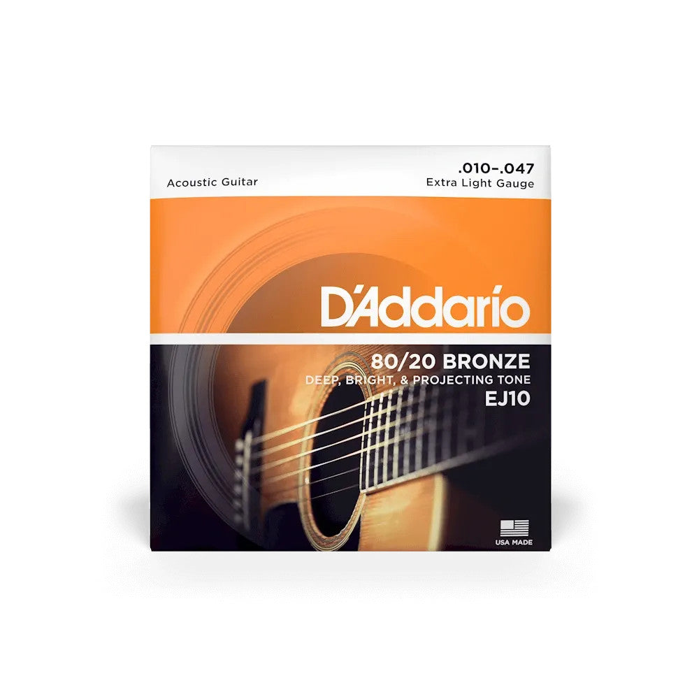 D'Addario EJ10 80/20 Bronze Acoustic Guitar Strings set, extra light gauge 10-47, displayed in a clear packaging.