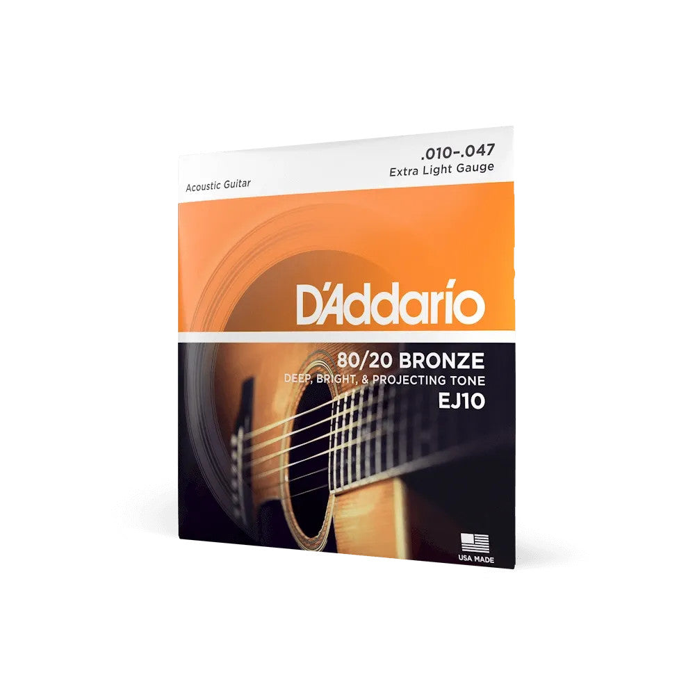 D'Addario EJ10 80/20 Bronze Acoustic Guitar Strings in extra light gauge, featuring bright, resonant tone for guitarists.