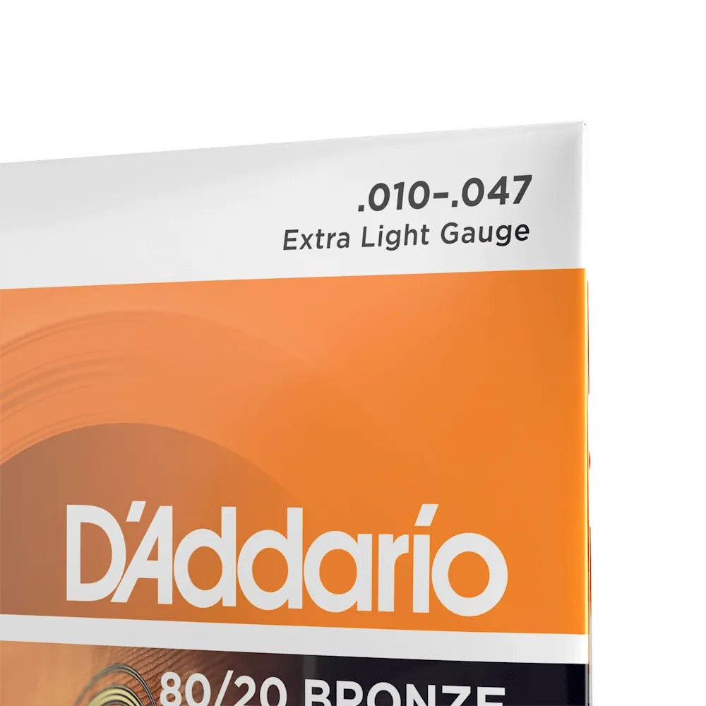 D'Addario EJ10 80/20 Bronze Acoustic Guitar Strings, Extra Light gauge 10-47, displayed in packaging on a white background.