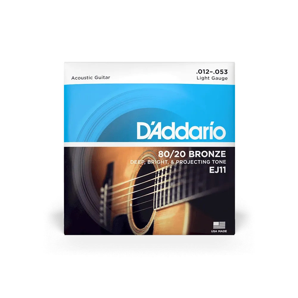 D'Addario EJ11 80/20 Bronze Acoustic Guitar Strings set, featuring light gauge 12-53 for rich sound and playability.