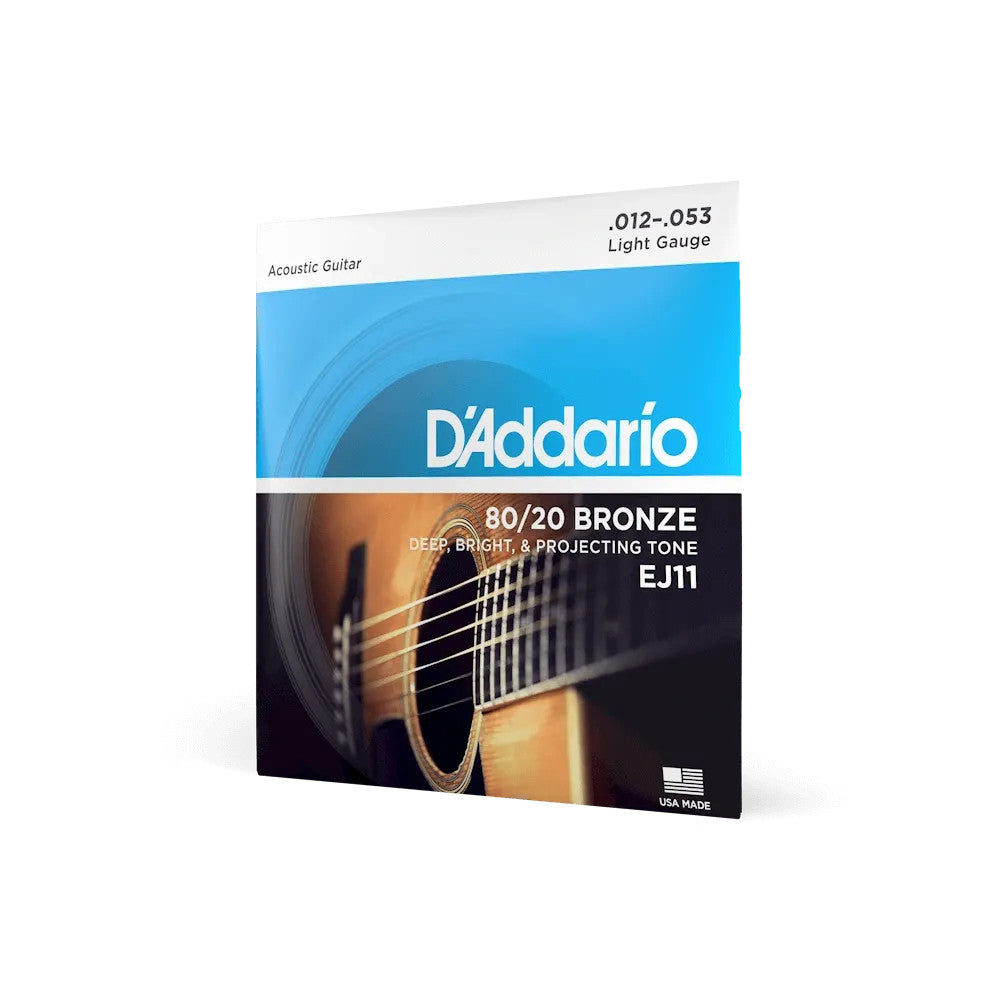 D'Addario EJ11 80/20 Bronze Acoustic Guitar Strings, light gauge 12-53, displayed on a wooden surface.