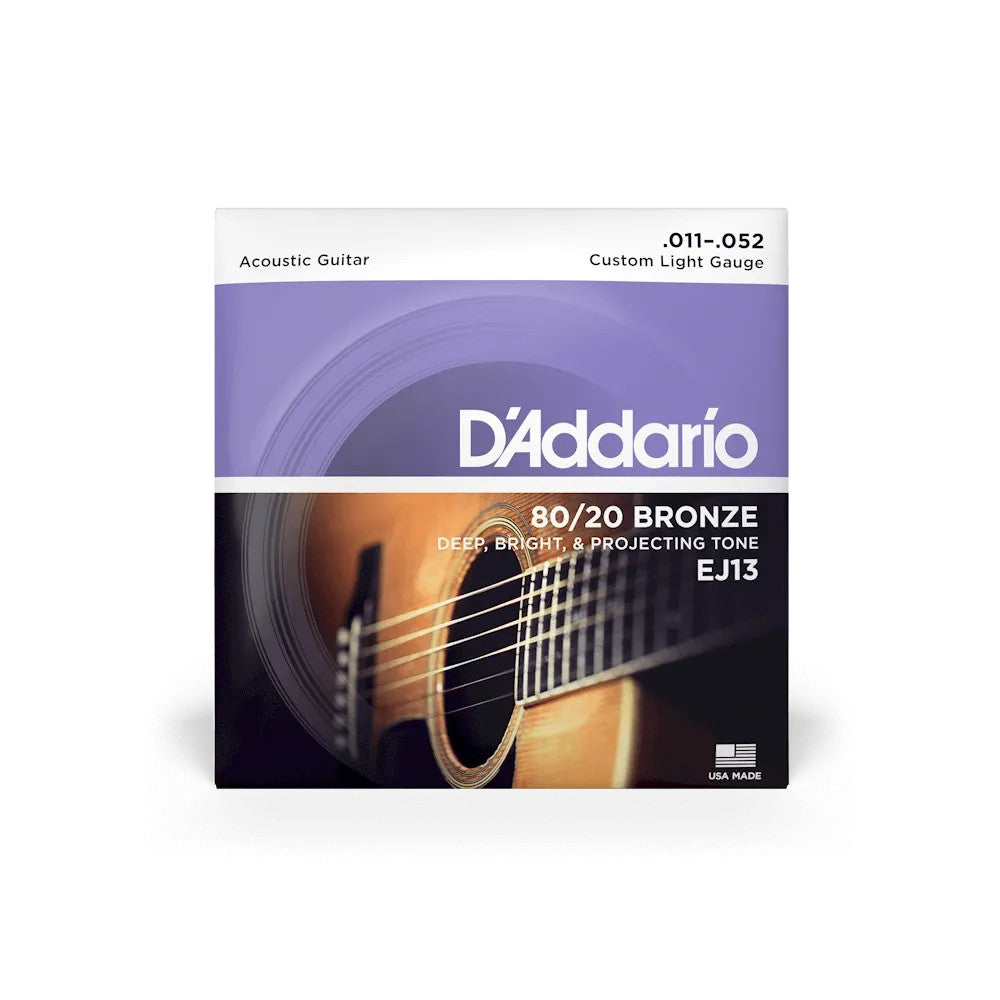 D'Addario EJ13 80/20 Bronze Acoustic Guitar Strings, custom light gauge 11-52, displayed on a neutral background.