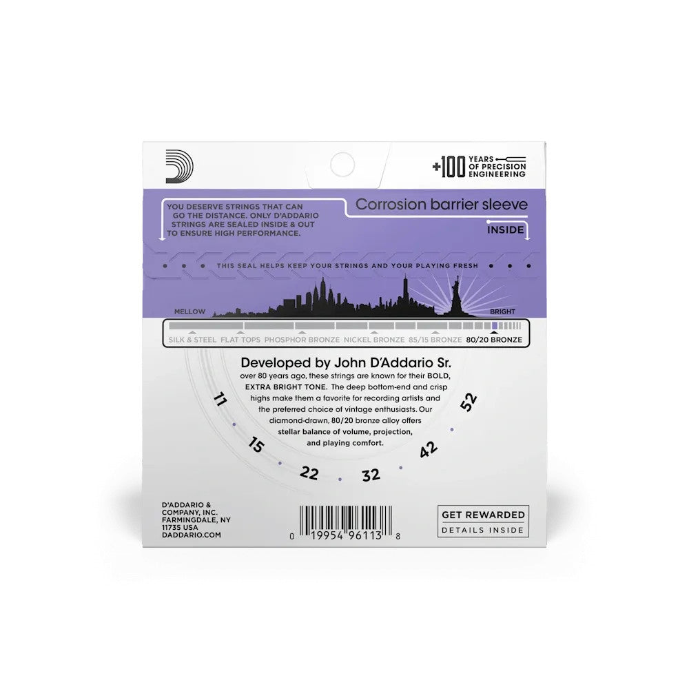 D'Addario EJ13 80/20 Bronze Acoustic Guitar Strings set 11-52 Custom Light in packaging, showcasing string gauges and design.