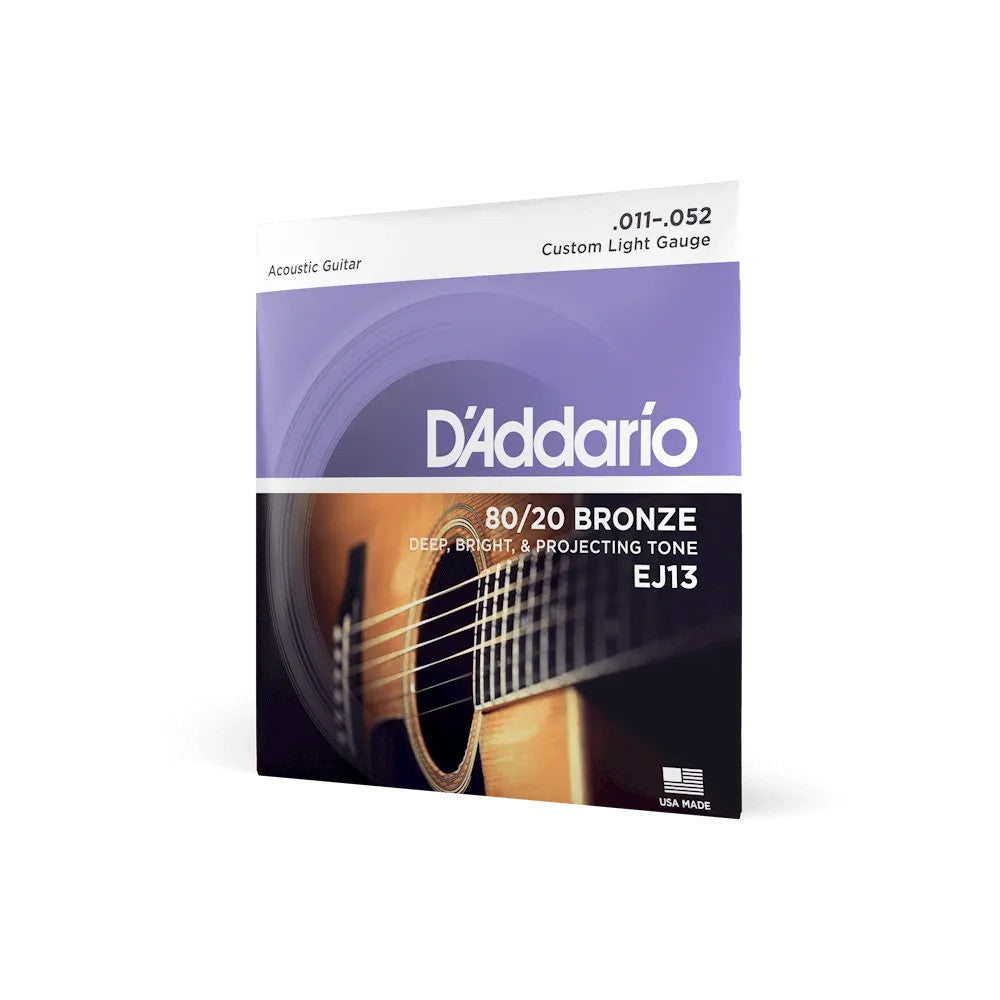 D'Addario EJ13 80/20 Bronze Acoustic Guitar Strings set in packaging, featuring custom light gauge 11-52.