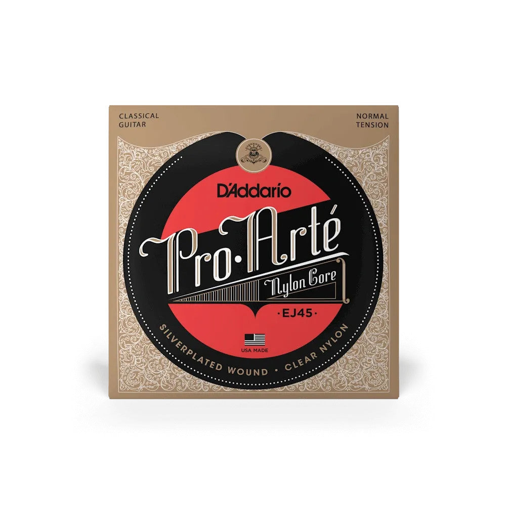 D'Addario EJ45 Pro-Arté nylon classical guitar strings in normal tension, displayed in a close-up view.