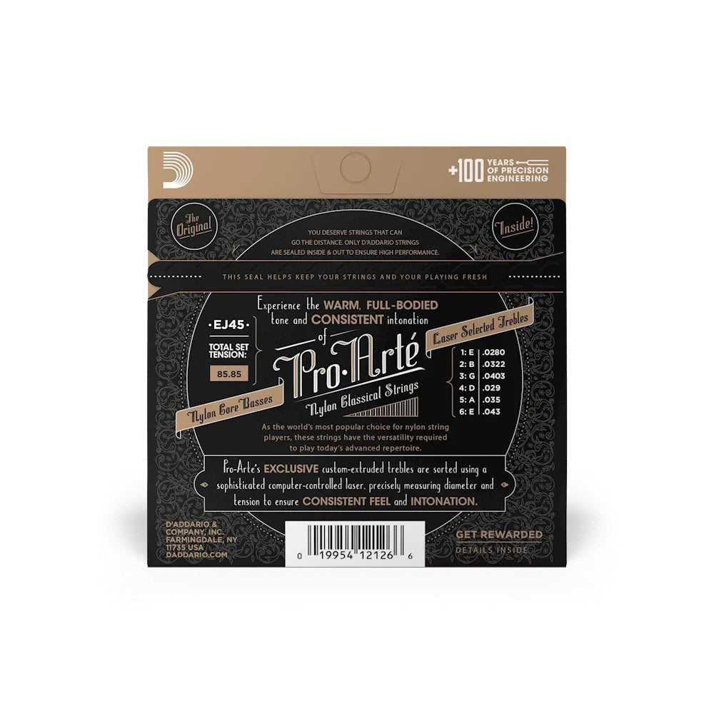 D'Addario EJ45 Pro-Arté nylon classical guitar strings in normal tension, showcasing packaging and string details.
