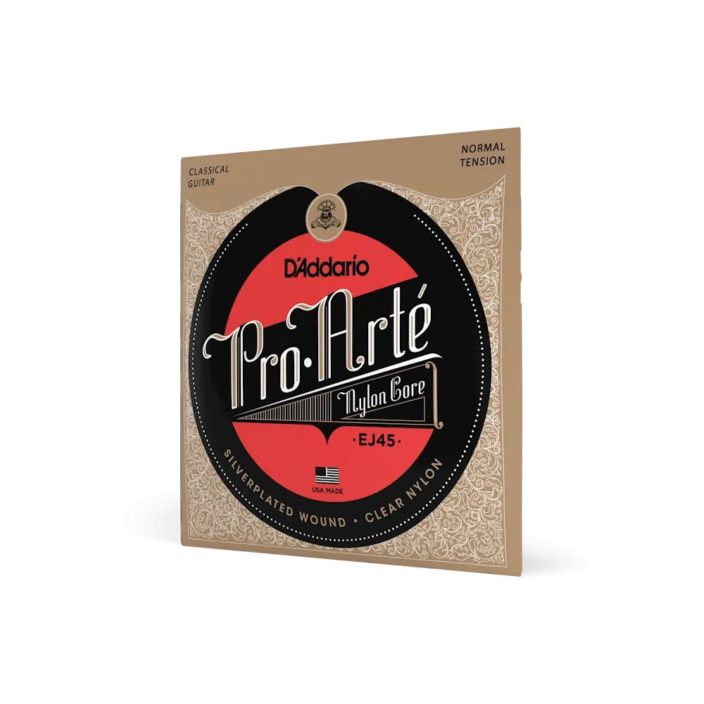 D'Addario EJ45 Pro-Arté nylon classical guitar strings, normal tension, displayed in packaging with clear label.