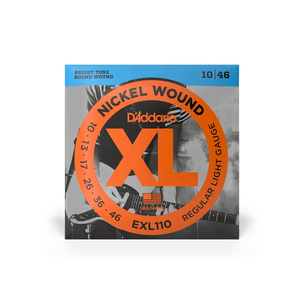 D'Addario EXL110 XL Nickel Electric Guitar Strings set, gauges 10-46, displayed in a pack on a white background.