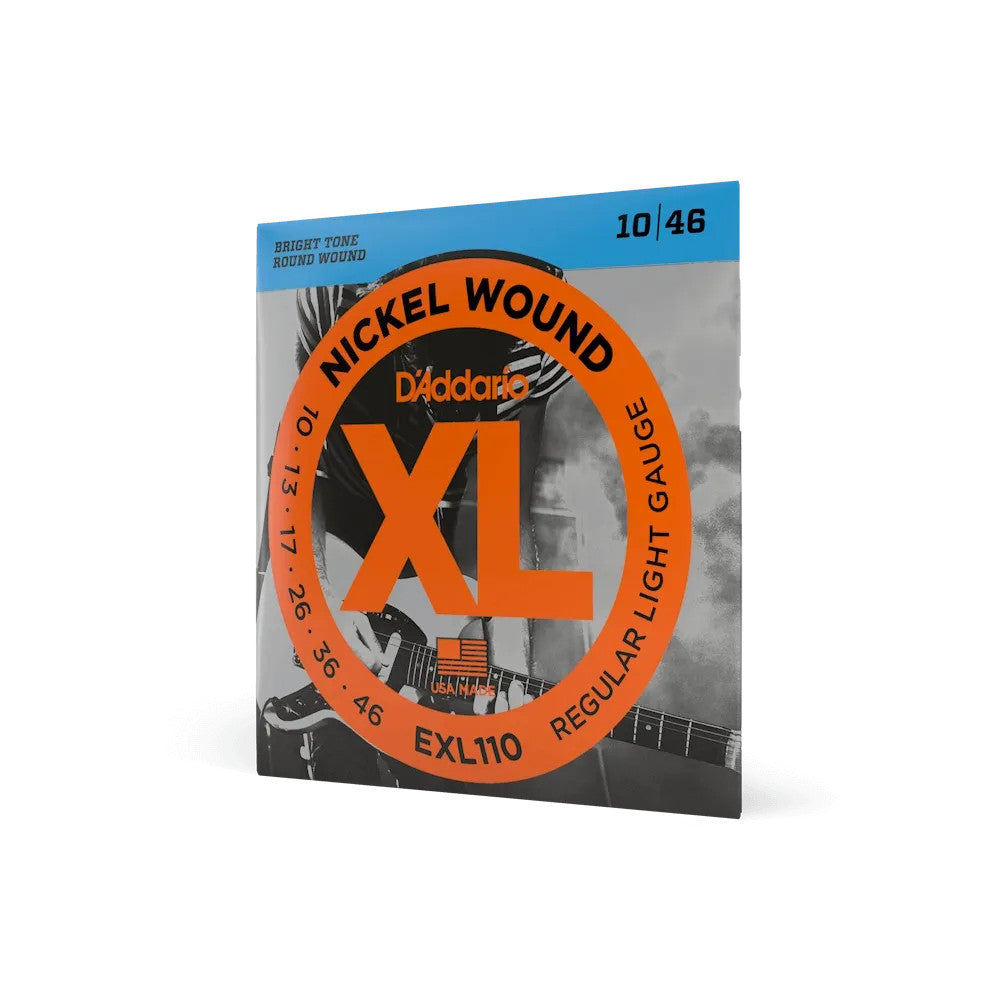 D'Addario EXL110 XL Nickel Electric Guitar Strings in 10-46 Regular Light gauge, coiled packaging on a white background.