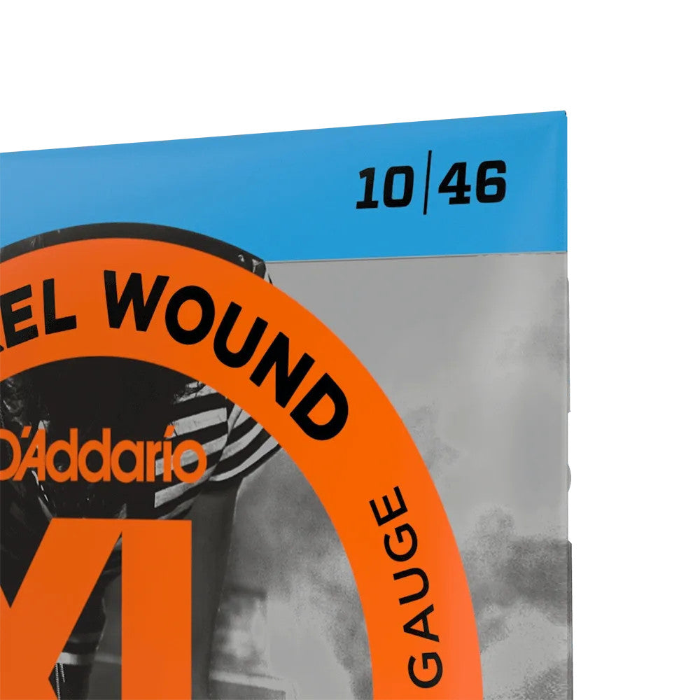 D'Addario EXL110 XL Nickel Electric Guitar Strings set, 10-46 gauge, showcasing the string packaging and branding details.