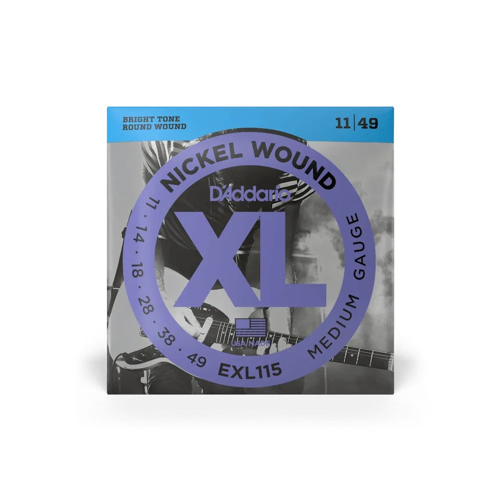 D'Addario EXL115 XL Nickel Electric Guitar Strings in 11-49 medium gauge, featuring vibrant packaging and string details.