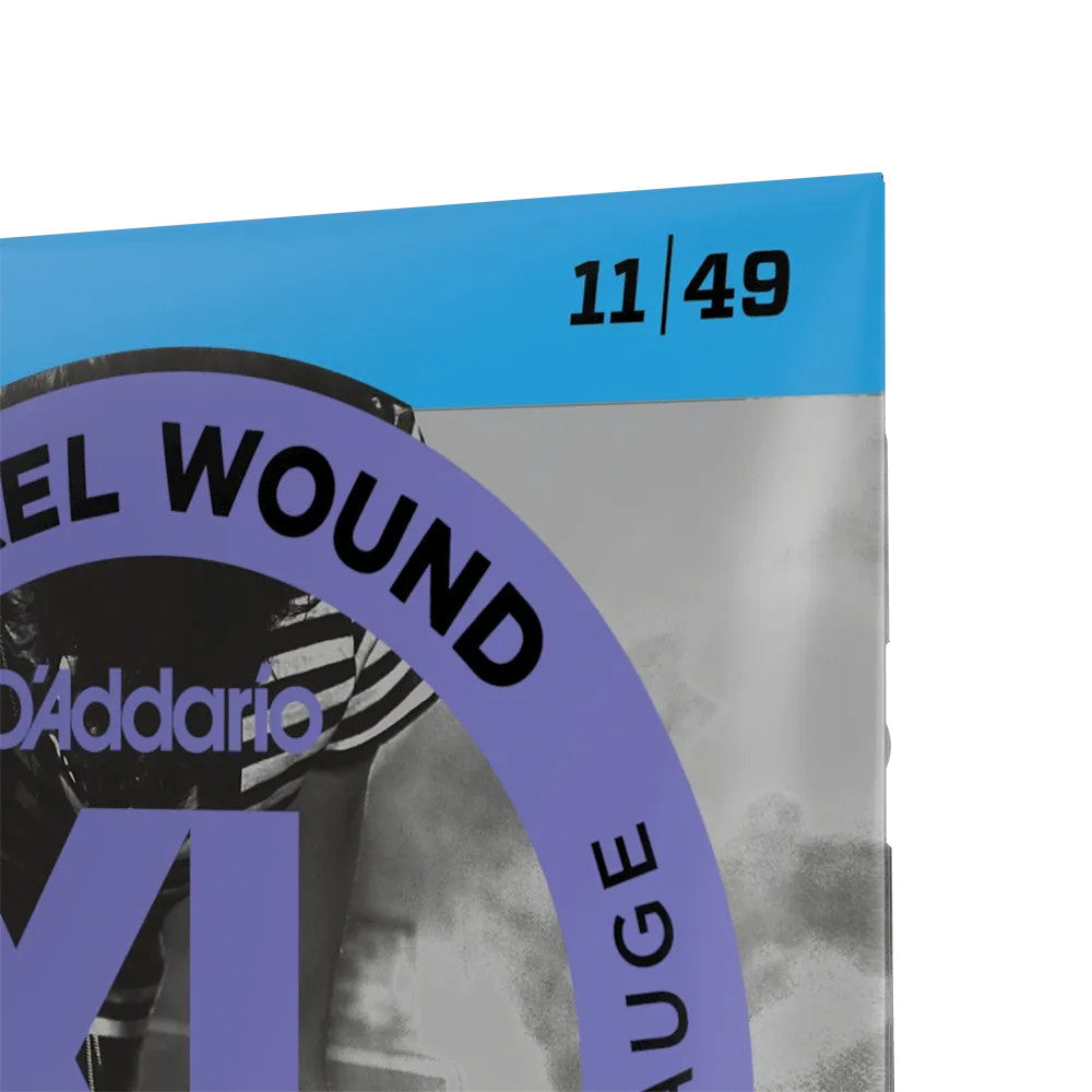D'Addario EXL115 XL Nickel Electric Guitar Strings set, medium gauge 11-49, displayed in packaging.