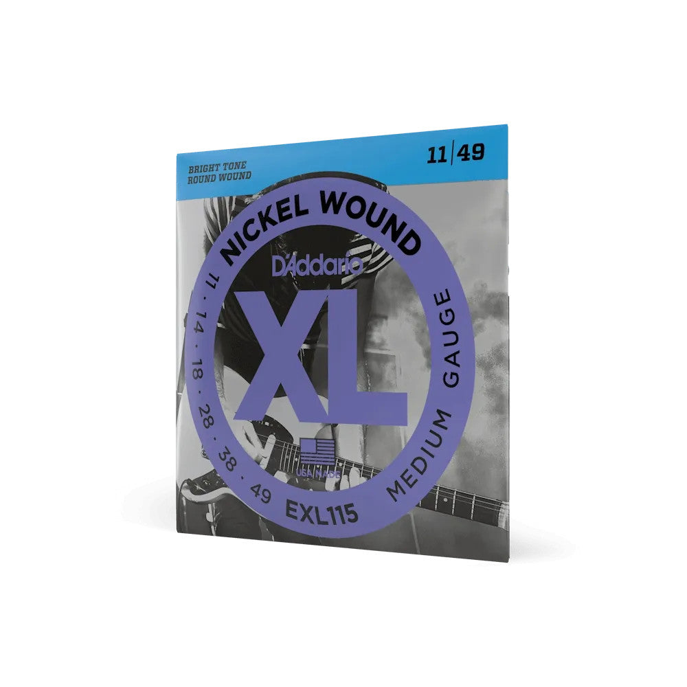 D'Addario EXL115 XL Nickel Electric Guitar Strings set, medium gauge 11-49, displayed in packaging on a white background.