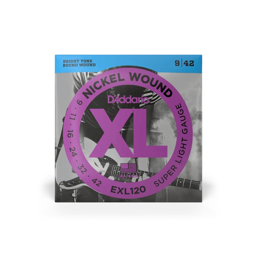 D'Addario EXL120 XL Nickel electric guitar strings set, super light gauge 09-42, displayed on a wooden background.