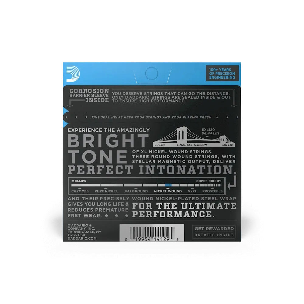 D'Addario EXL120 XL Nickel Electric Guitar Strings set, 09-42 gauge, featuring vibrant packaging and string details.