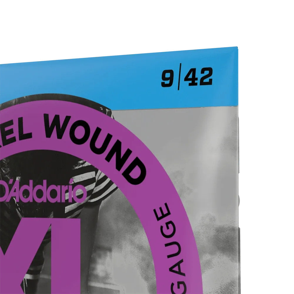 D'Addario EXL120 XL Nickel Electric Guitar Strings set, 09-42 gauge, featuring vibrant packaging and string details.